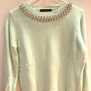 Atmosphere jeweled neck sweater. Light Aqua Size S